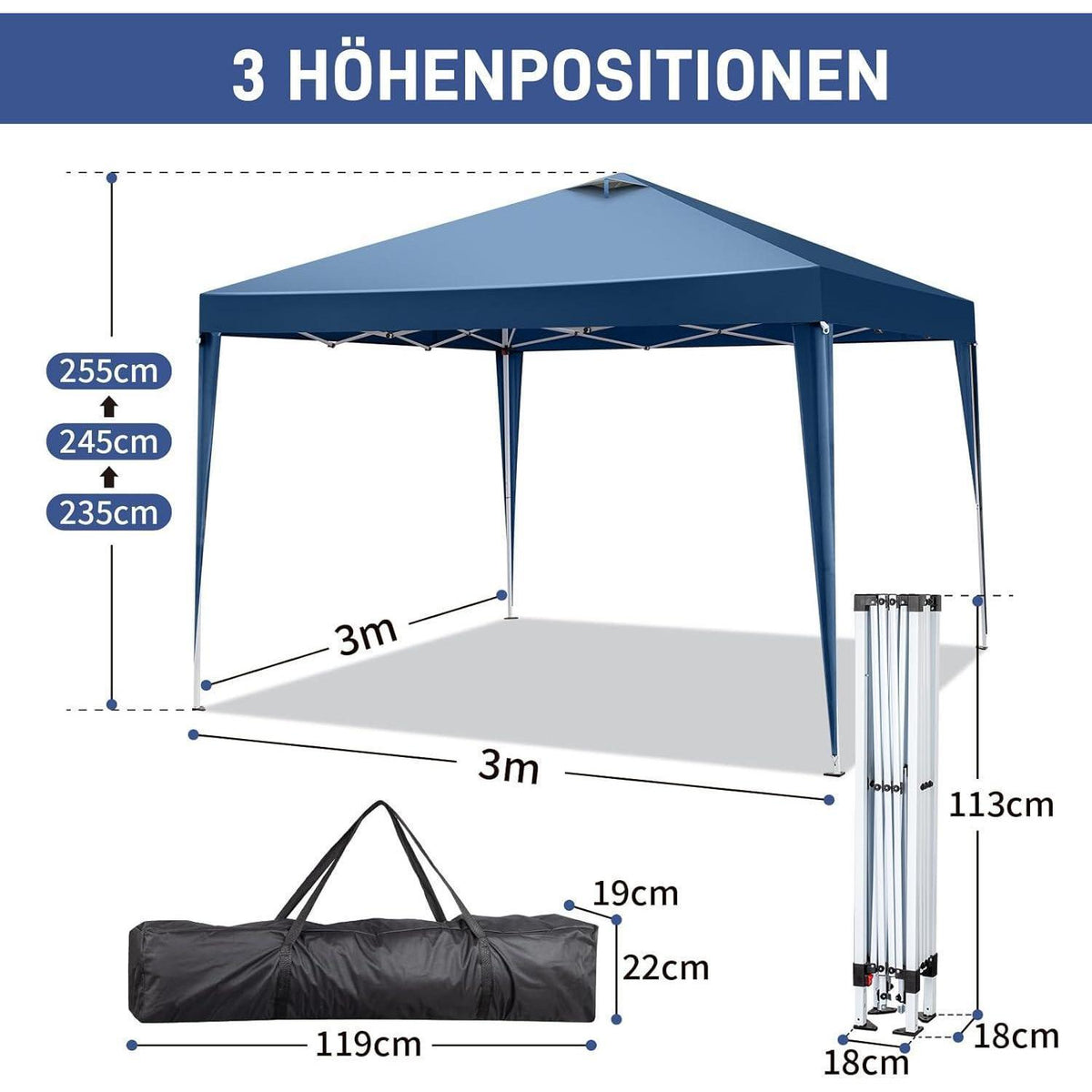 3x3m Pop-up Pavillon mit UV-Schutz & Seitenteilen