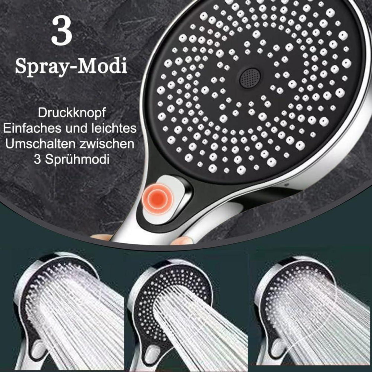 Hochdruck Duschkopf Set mit Schlauch & 3 Strahlarten
