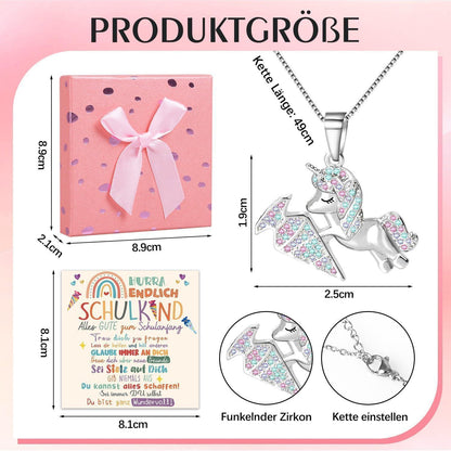 Einhorn Halskette mit Grußkarte für Mädchen, Einschulungsgeschenk