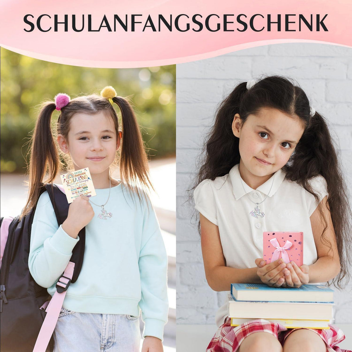 Einhorn Halskette mit Grußkarte für Mädchen, Einschulungsgeschenk