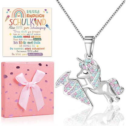 Einhorn Halskette mit Grußkarte für Mädchen, Einschulungsgeschenk