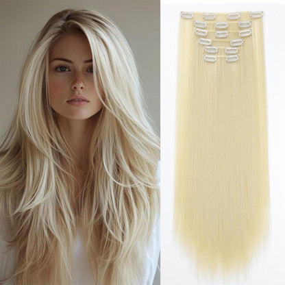 Platinblond Haarverlängerung Clip-in 65cm – Synthetisch & Wiederverwendbar
