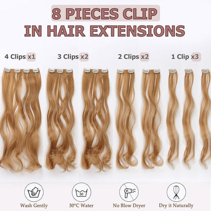 Dunkelblondes Haarverlängerung mit 8 Clips – Wellig & 45cm