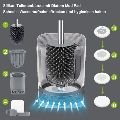 Silikon Klobürste mit Behälter, Wandmontage & Stehen, Grau