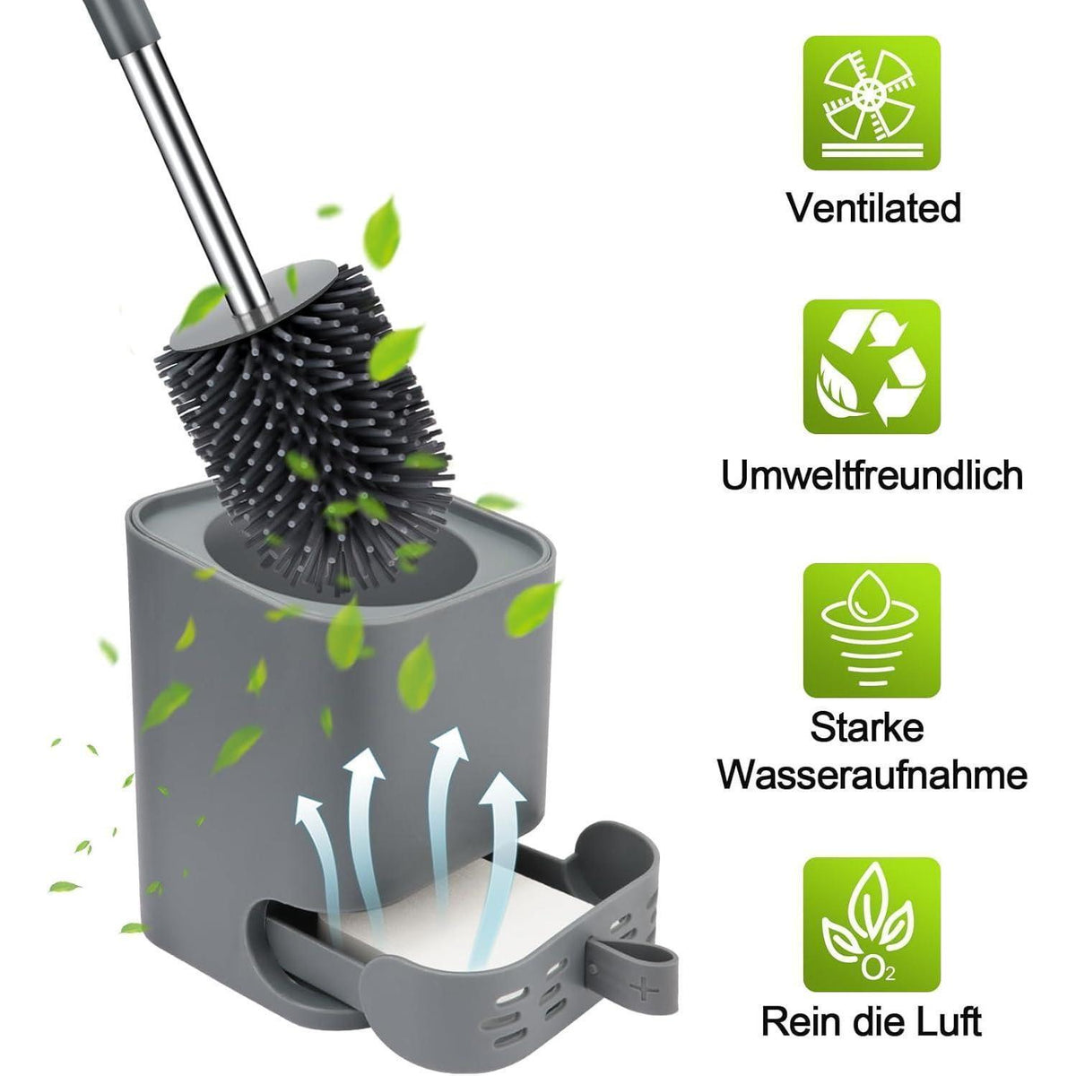 Silikon Klobürste mit Behälter, Wandmontage & Stehen, Grau