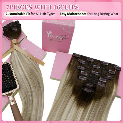 Clip-in Echthaar Extensions Balayage Dunkelbraun Blond 45cm