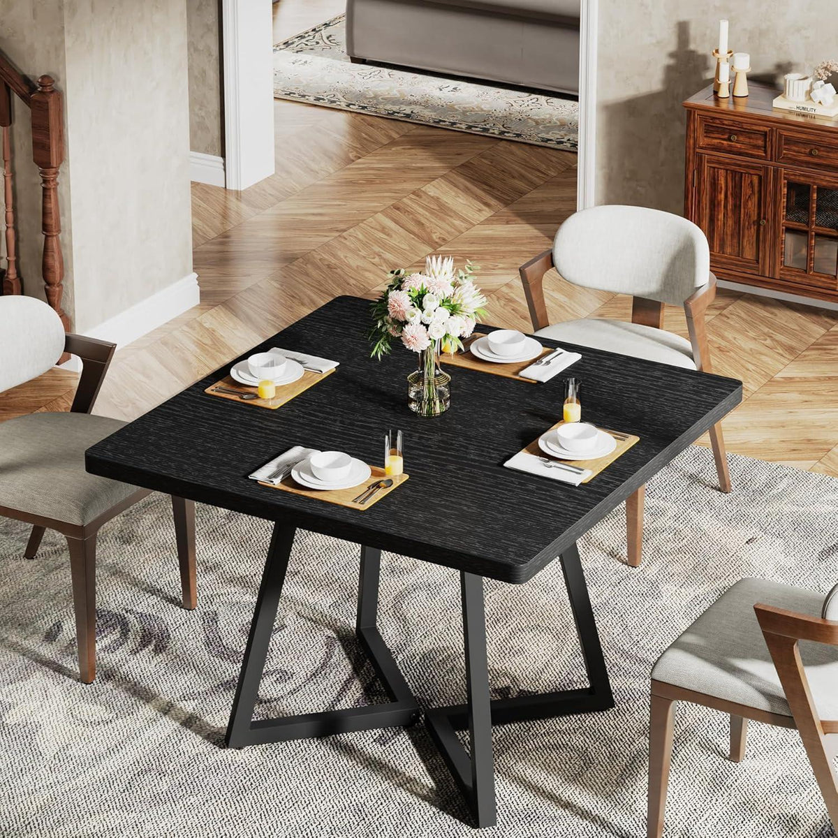Kleiner Esstisch 80x80 cm Holz Metall Schwarz – Küchentisch für 2-4 Personen