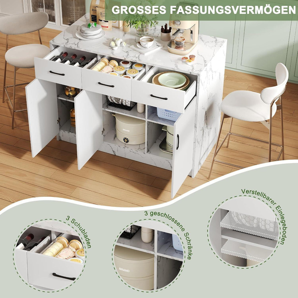 Große Kücheninsel Weiß Marmor Optik mit Stauraum & Barbereich