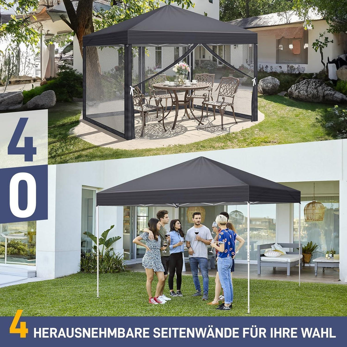 Faltpavillon 3x3 mit Moskitonetz & UV-Schutz – Anthrazit