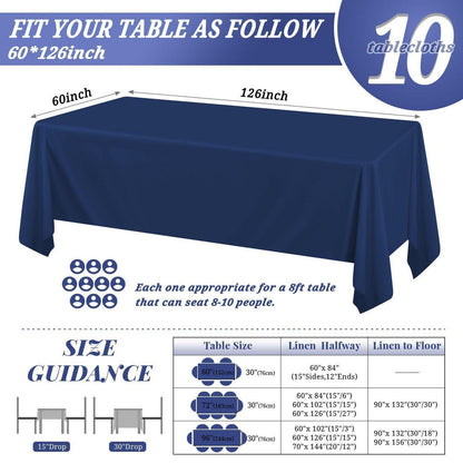 10er-Pack Marineblaue Tischdecken 60x126 Zoll – Rechteckig & Waschbar