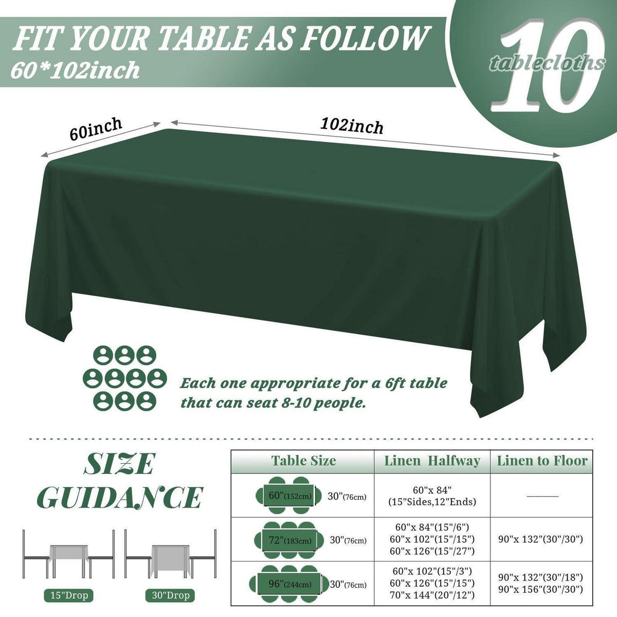 10er-Pack Jägergrüne Tischdecken 60x102 Zoll – Rechteckig & Waschbar