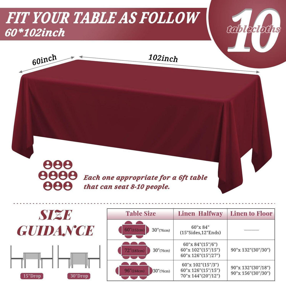 Bordeaux Tischdecke Rechteckig 152x259 cm - 10er Set
