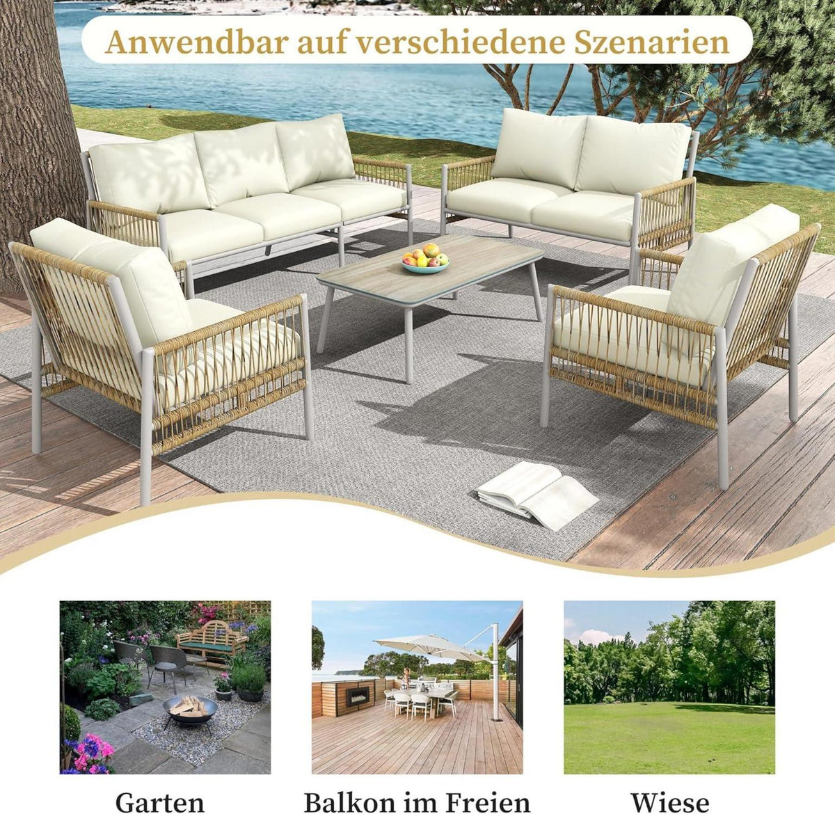 Gegtuon Gartenmöbel Sitzgruppe 7 Personen Rattan Lounge Sofa Couchtisch Outdoor inkl. Sitzkissen