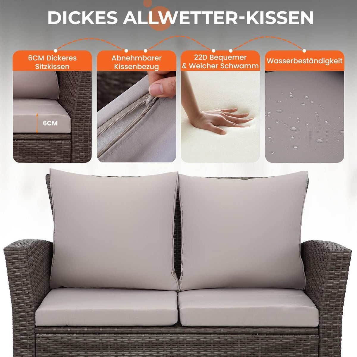 Rattan Gartenmöbel Set wetterfestes PE-Rattan Couchtisch und Kissen