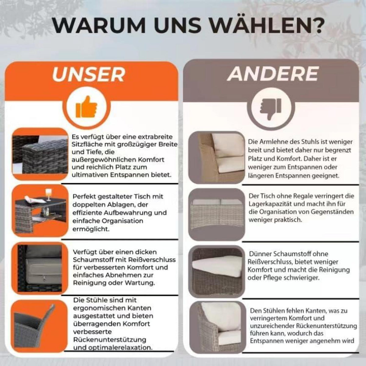 Rattan Gartenmöbel Set mit wetterfestem PE-Rattan, Sofa, Sessel, Tisch