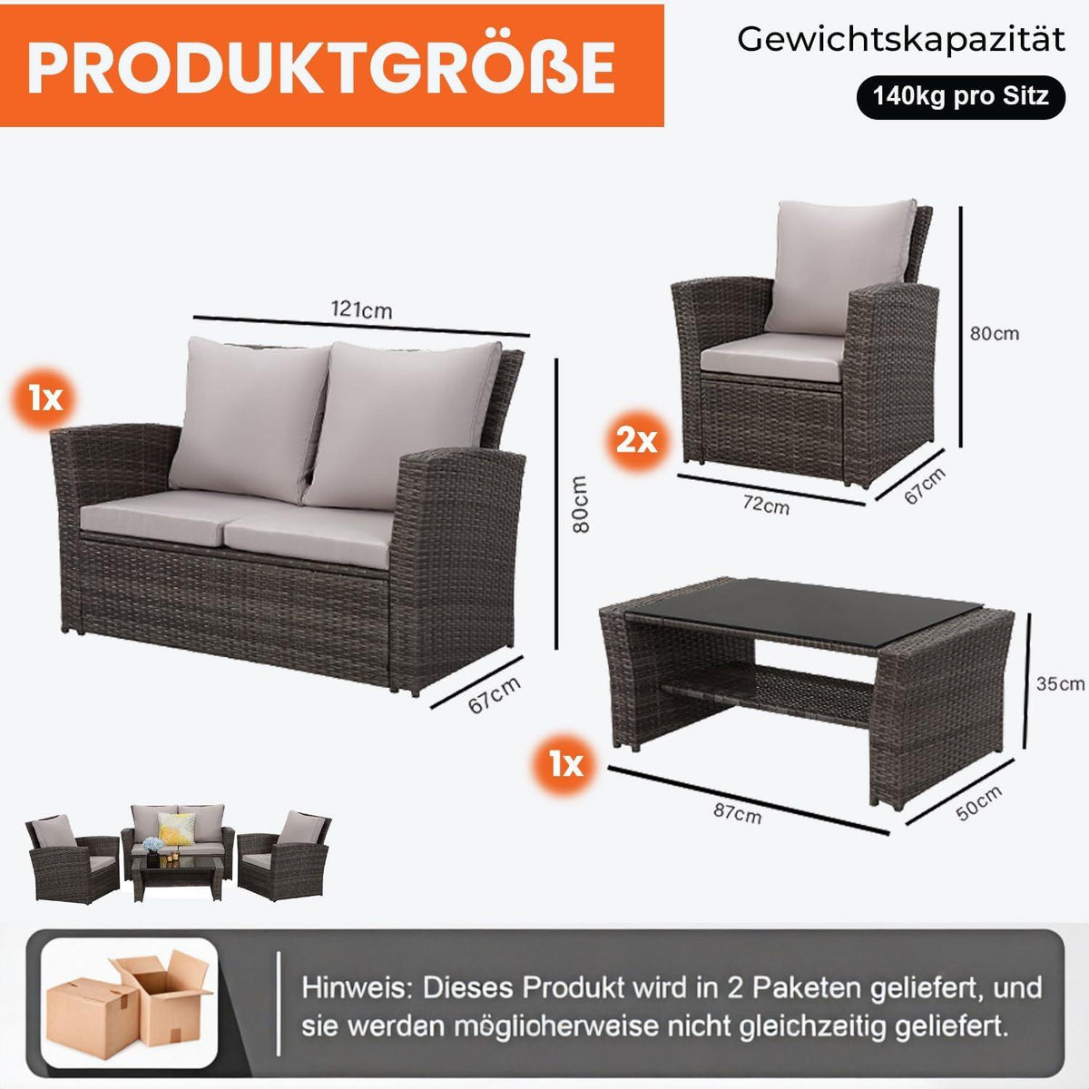 Rattan Gartenmöbel Set 4-teilig wetterfestes PE-Rattan grau