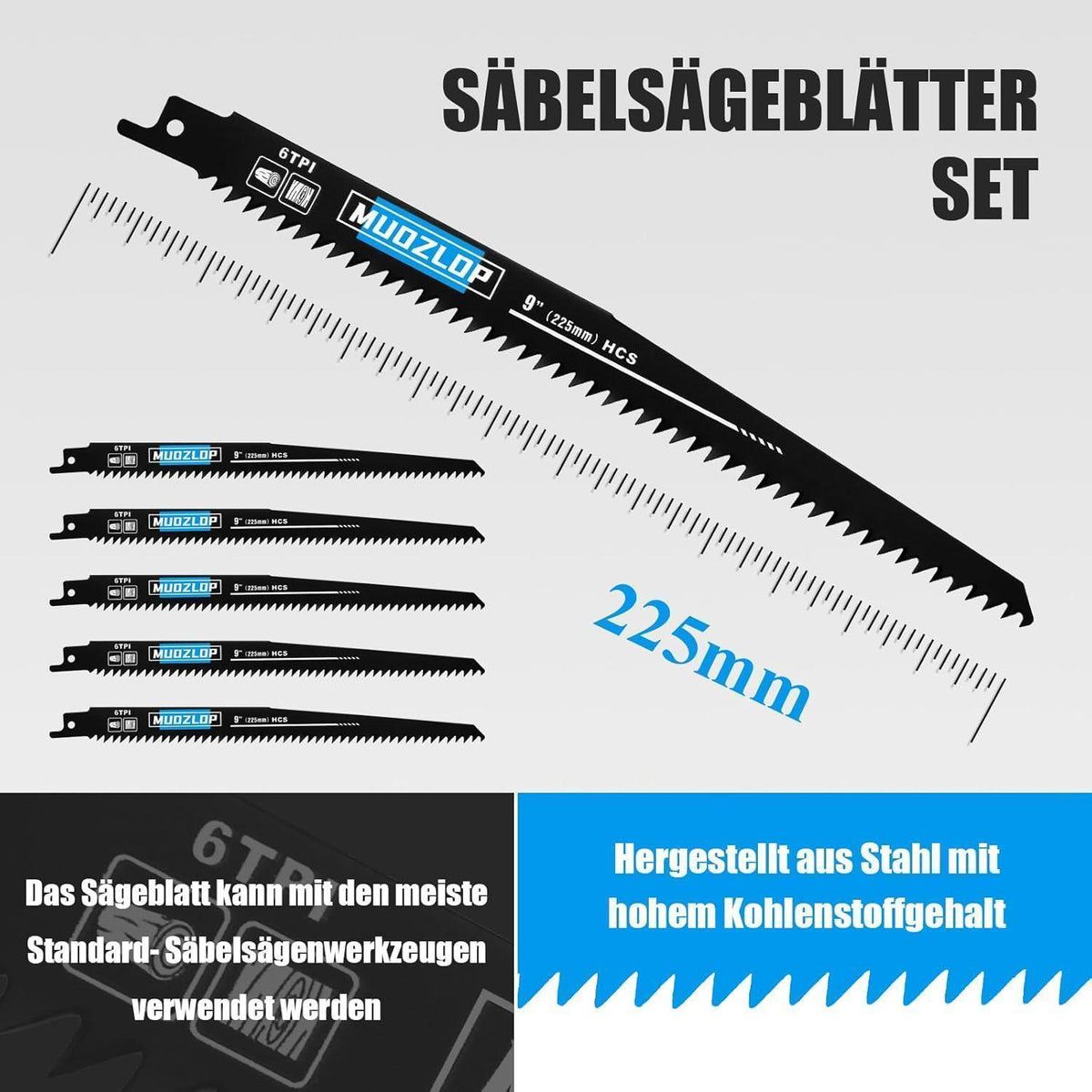 Säbelsägeblätter Set 5 Stück 225mm 6 TPI für Holz