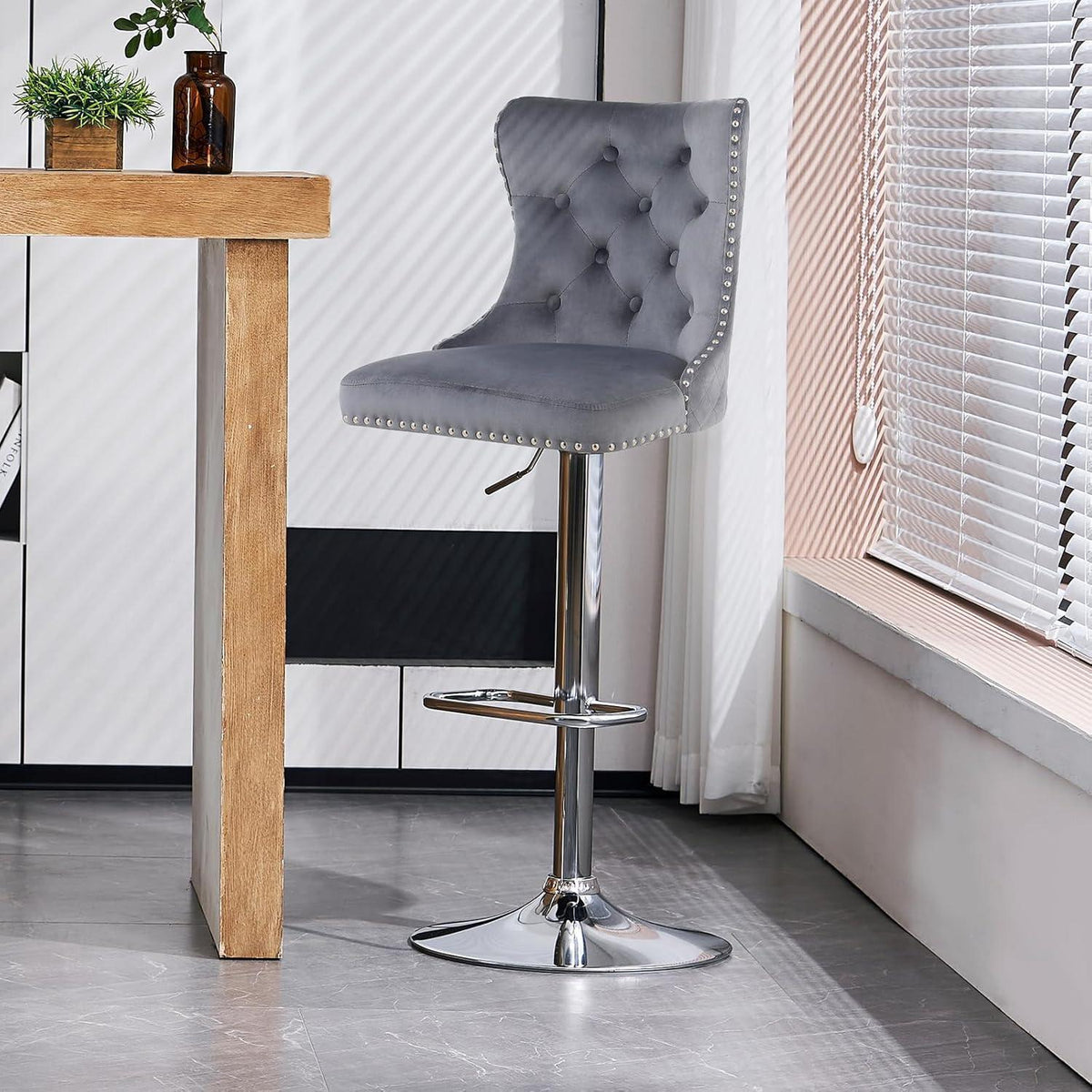 Samt Barhocker 2er Set Höhenverstellbar Grau Dunkelgrau