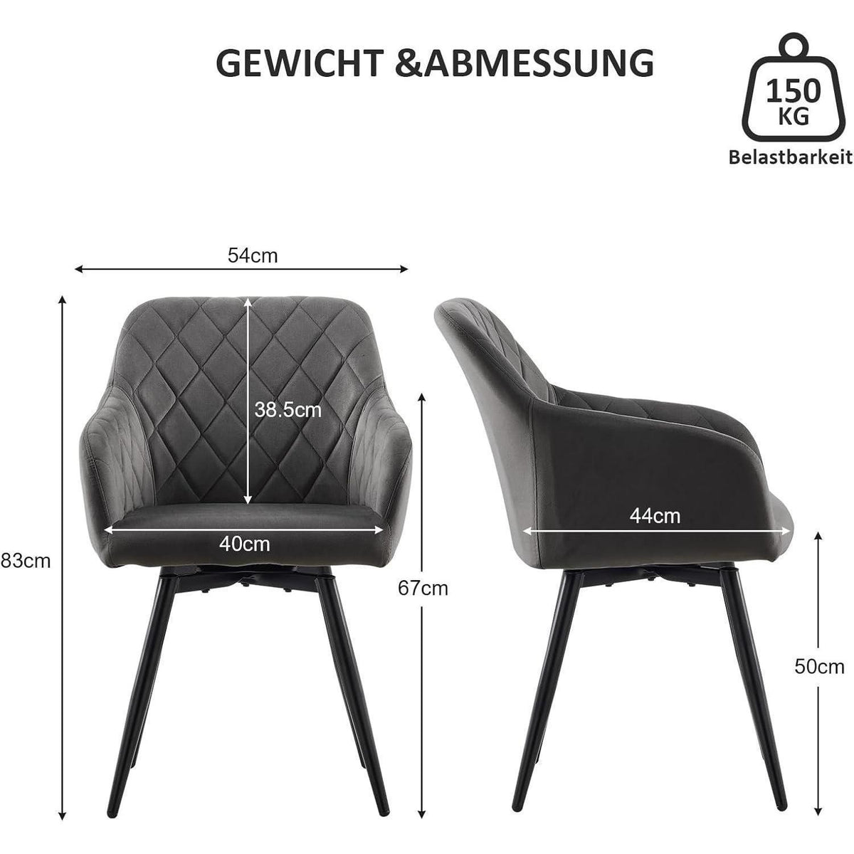 Drehbarer Samt Esszimmerstuhl mit Armlehnen - 2er Set Grau