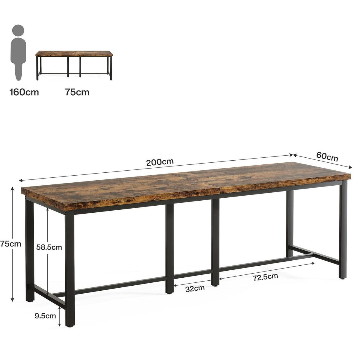 Extralanger Computertisch für 2 Personen – 200x60 cm, Vintage Braun