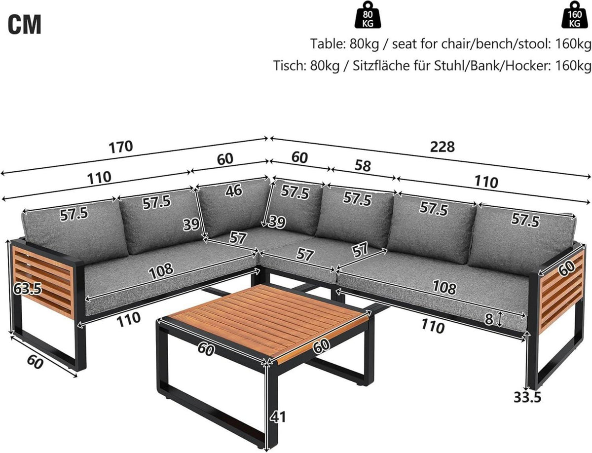 Gartenmöbel Lounge-Set 5-teilig Ecksofa mit Tisch und Sitzkissen Grau