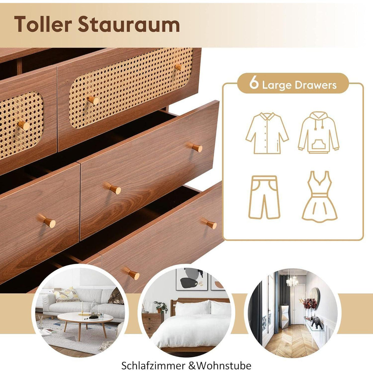 Rattankommode mit 6 Schubladen | Schlafzimmer & Wohnzimmer | 120x40x90 cm Nussbaum