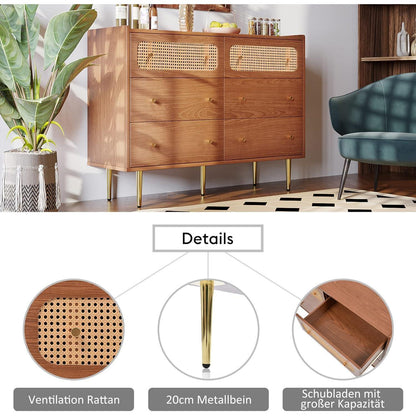 Rattankommode mit 6 Schubladen | Schlafzimmer & Wohnzimmer | 120x40x90 cm Nussbaum