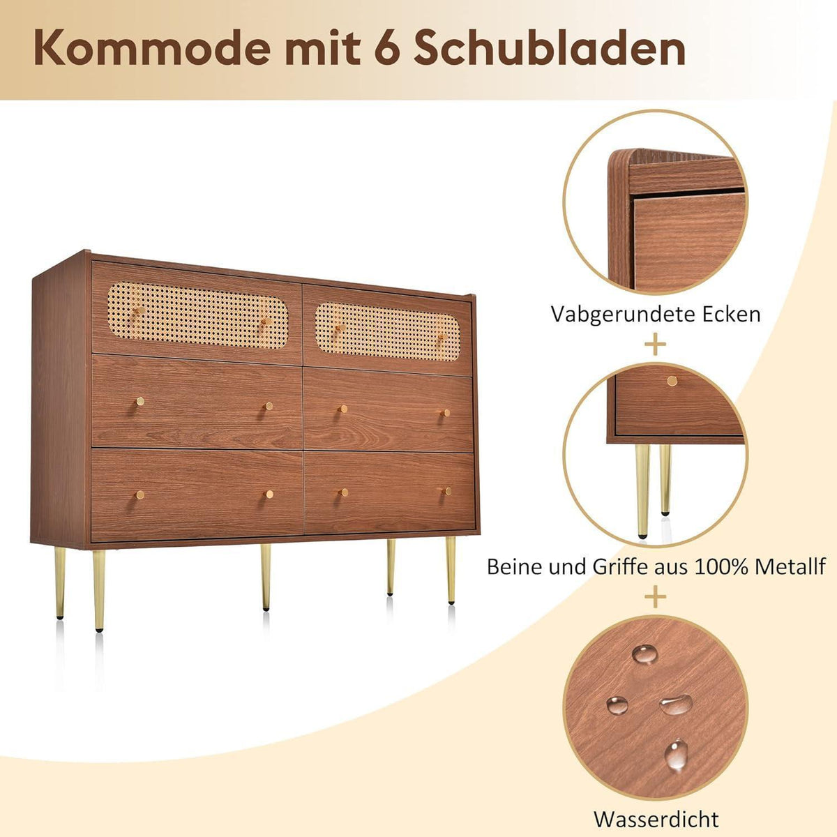 Rattankommode mit 6 Schubladen | Schlafzimmer & Wohnzimmer | 120x40x90 cm Nussbaum