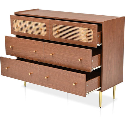 Rattankommode mit 6 Schubladen | Schlafzimmer & Wohnzimmer | 120x40x90 cm Nussbaum