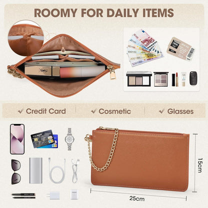 Große Damen Laptoptasche in Lederoptik mit Clutch, Braun