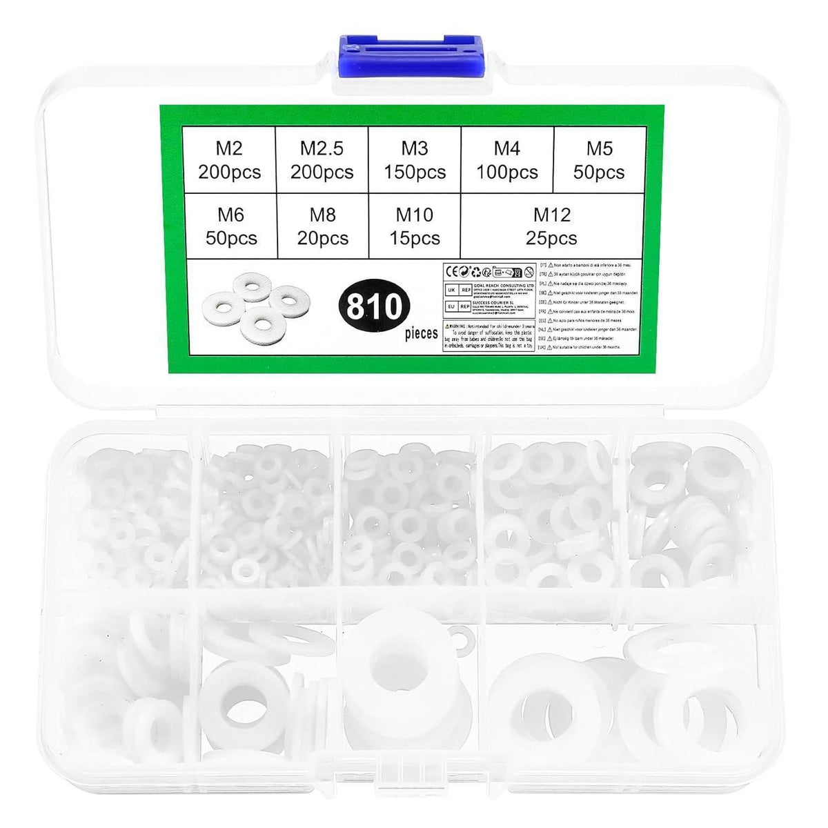 810x Nylon Unterlegscheiben Set Weiß M2-M12 mit Aufbewahrungsbox