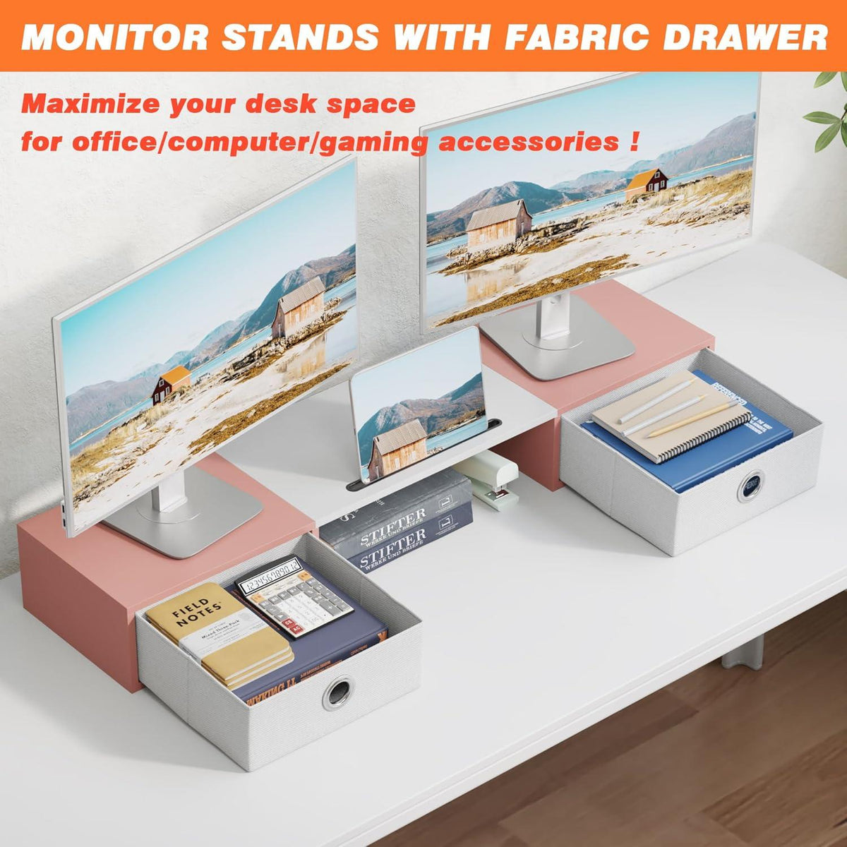 Monitorständer mit Schublade, 92cm Monitorerhöhung in Weiß/Rosa