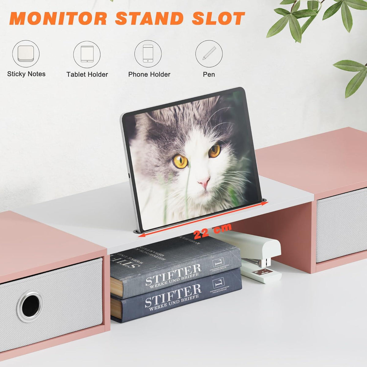 Monitorständer mit Schublade, 92cm Monitorerhöhung in Weiß/Rosa