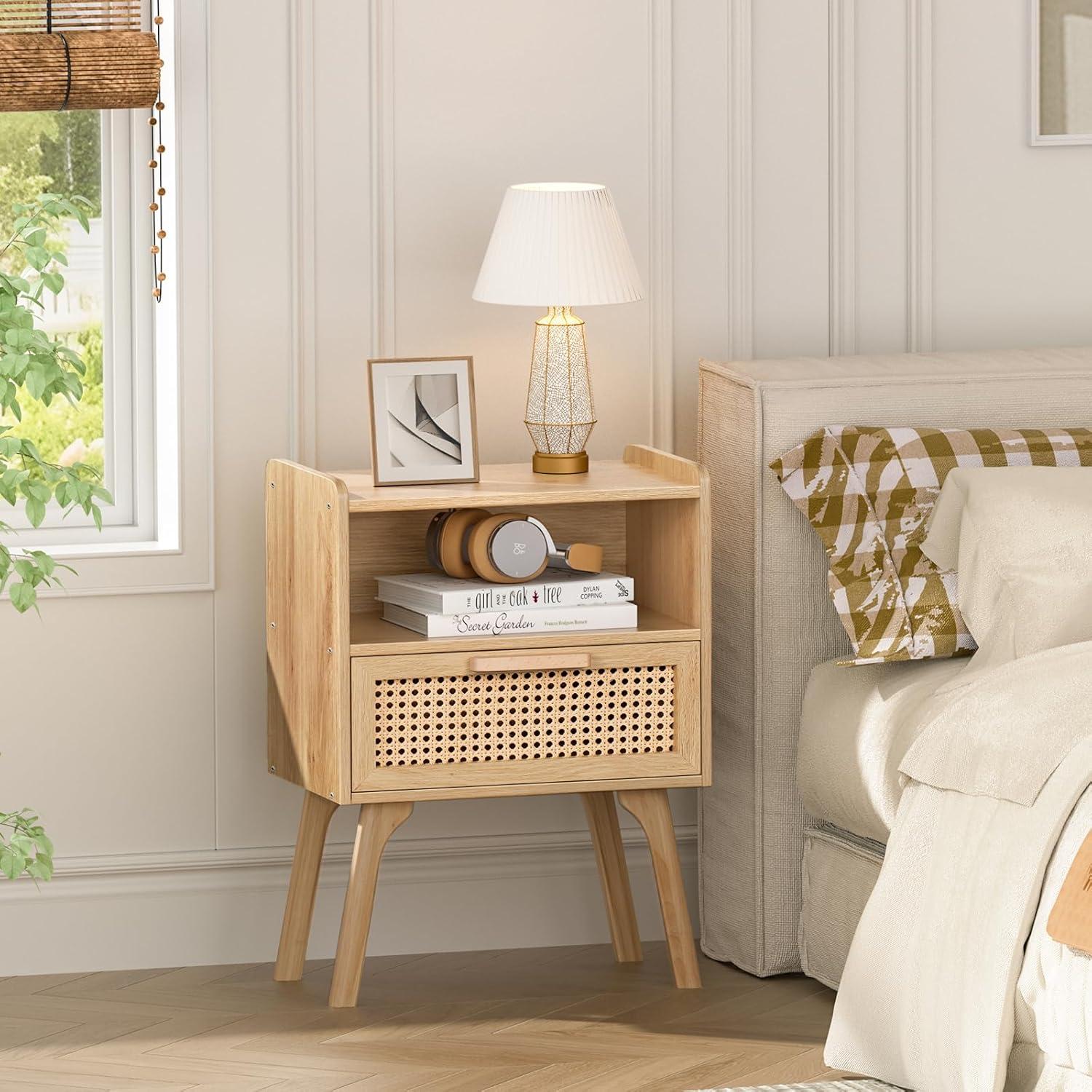 Nachttisch 2er Set Rattan Boho mit Schublade und