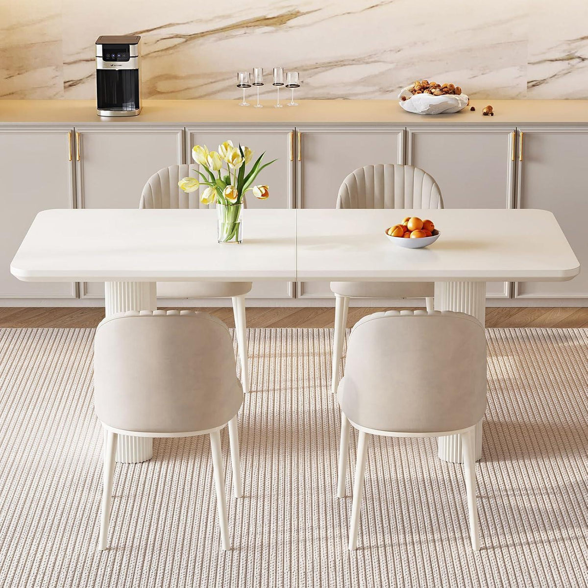 Moderner Esstisch Weiß mit 4 gepolsterten Stühlen – Esszimmer Set