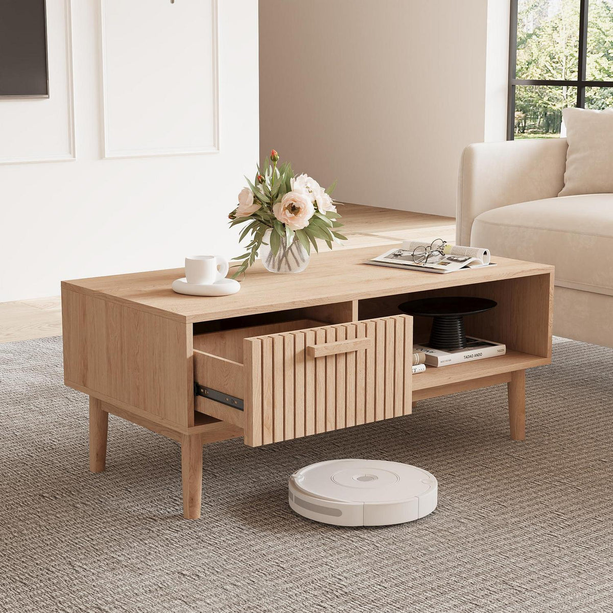 Holz Couchtisch mit Schublade & Ablage – 100x43x50 cm