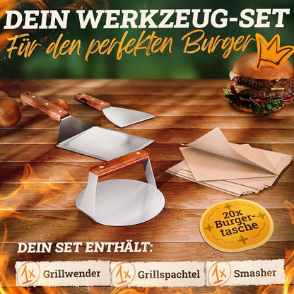 Plancha Edelstahl Grillplatte 30x40cm mit Burger Smasher Set