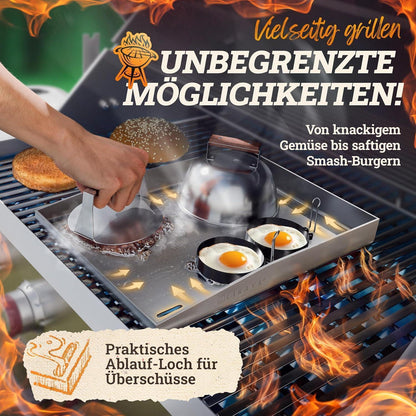 Plancha Edelstahl Grillplatte 30x40cm mit Burger Smasher Set