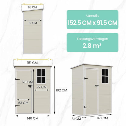 Wetterfestes Gartenhaus 152x92x192cm – Kunststoff Schuppen