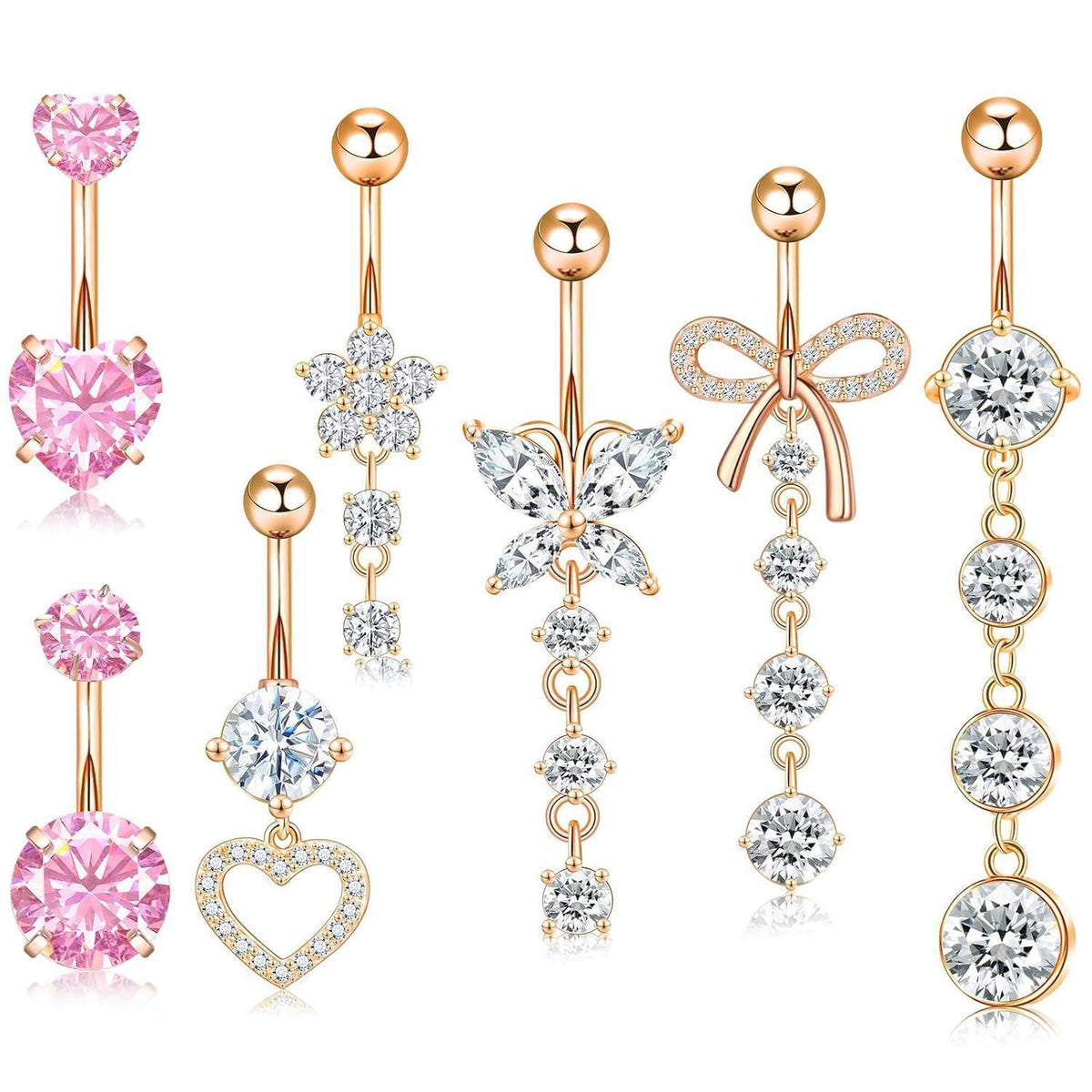 7er Set Bauchnabelpiercing Edelstahl Zirkonia Herz Pinkgold