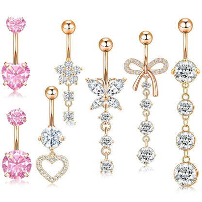 7er Set Bauchnabelpiercing Edelstahl Zirkonia Herz Pinkgold