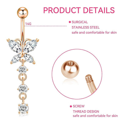 7er Set Bauchnabelpiercing Edelstahl Zirkonia Herz Pinkgold