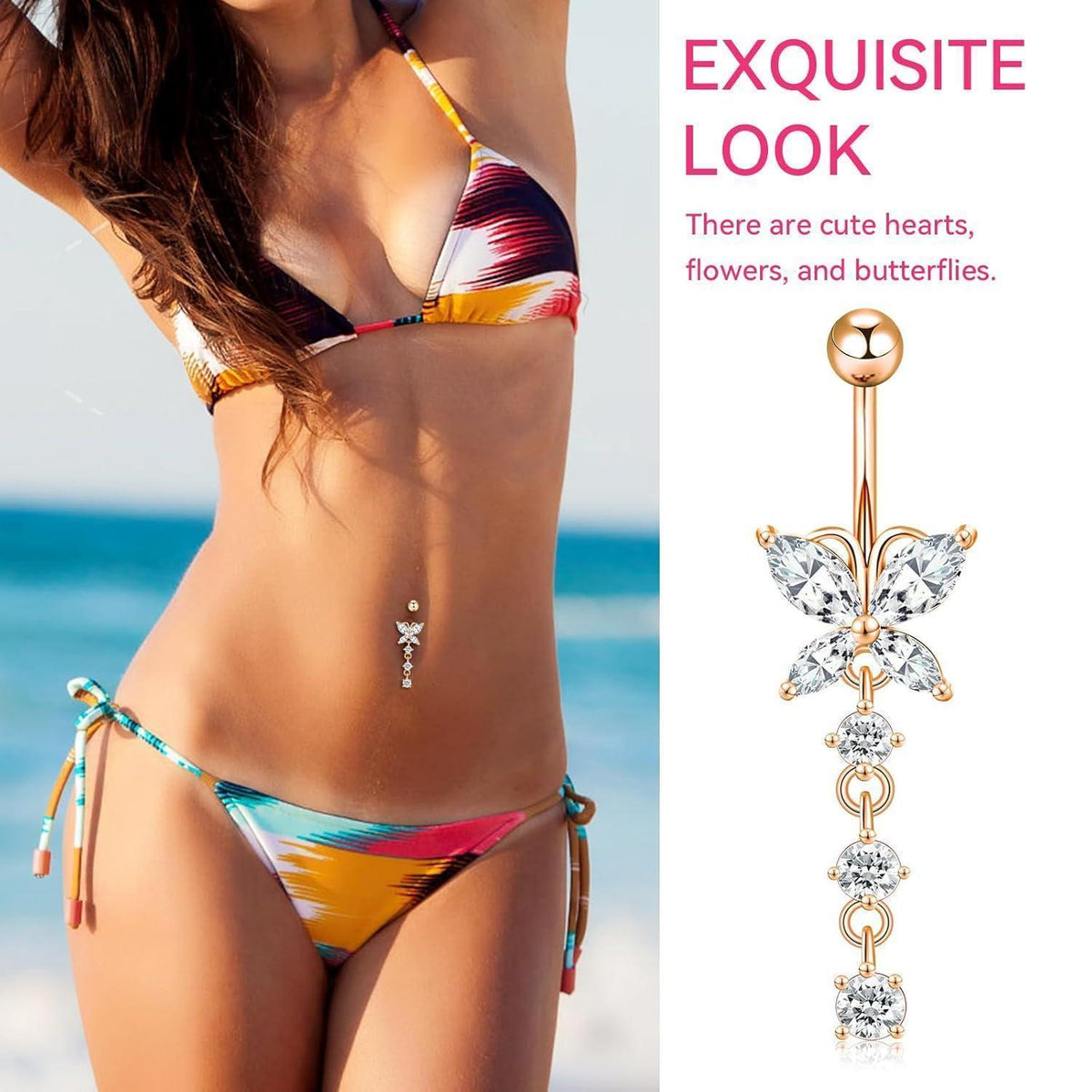 7er Set Bauchnabelpiercing Edelstahl Zirkonia Herz Pinkgold