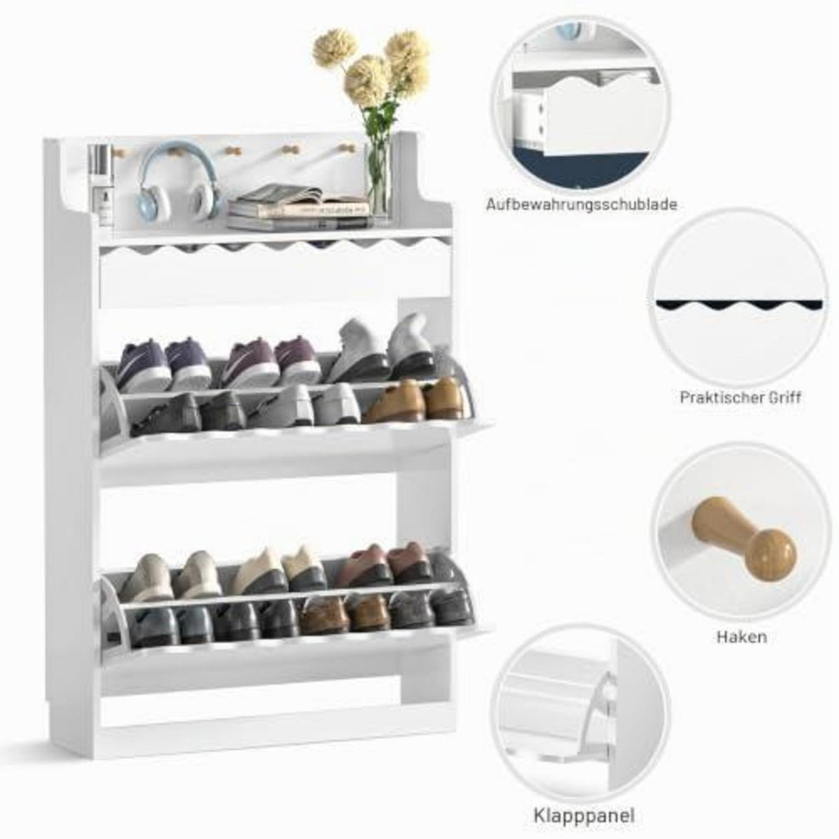 Schuhschrank Schmal mit Schublade & Klappfächern, Weiß