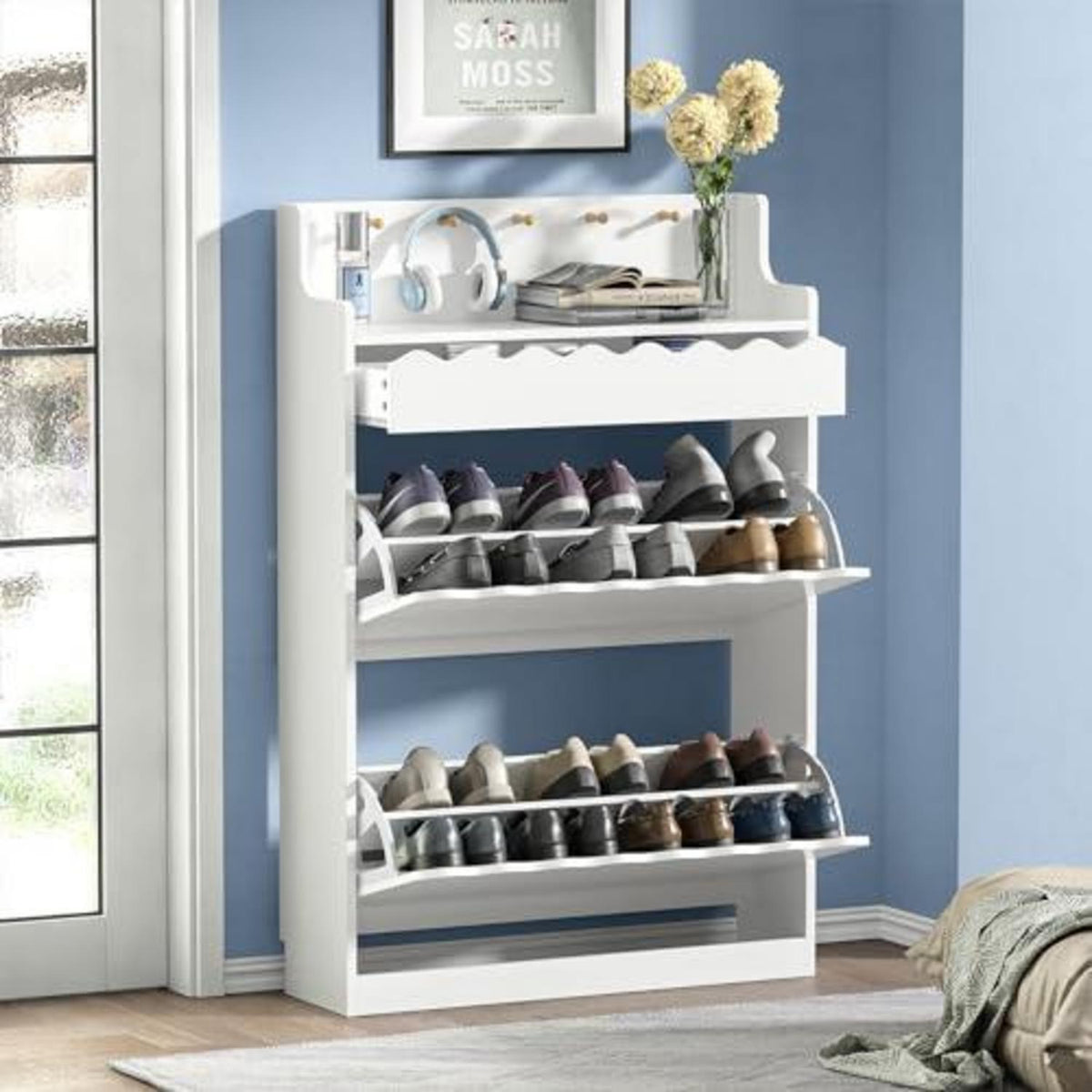 Schuhschrank Schmal mit Schublade & Klappfächern, Weiß