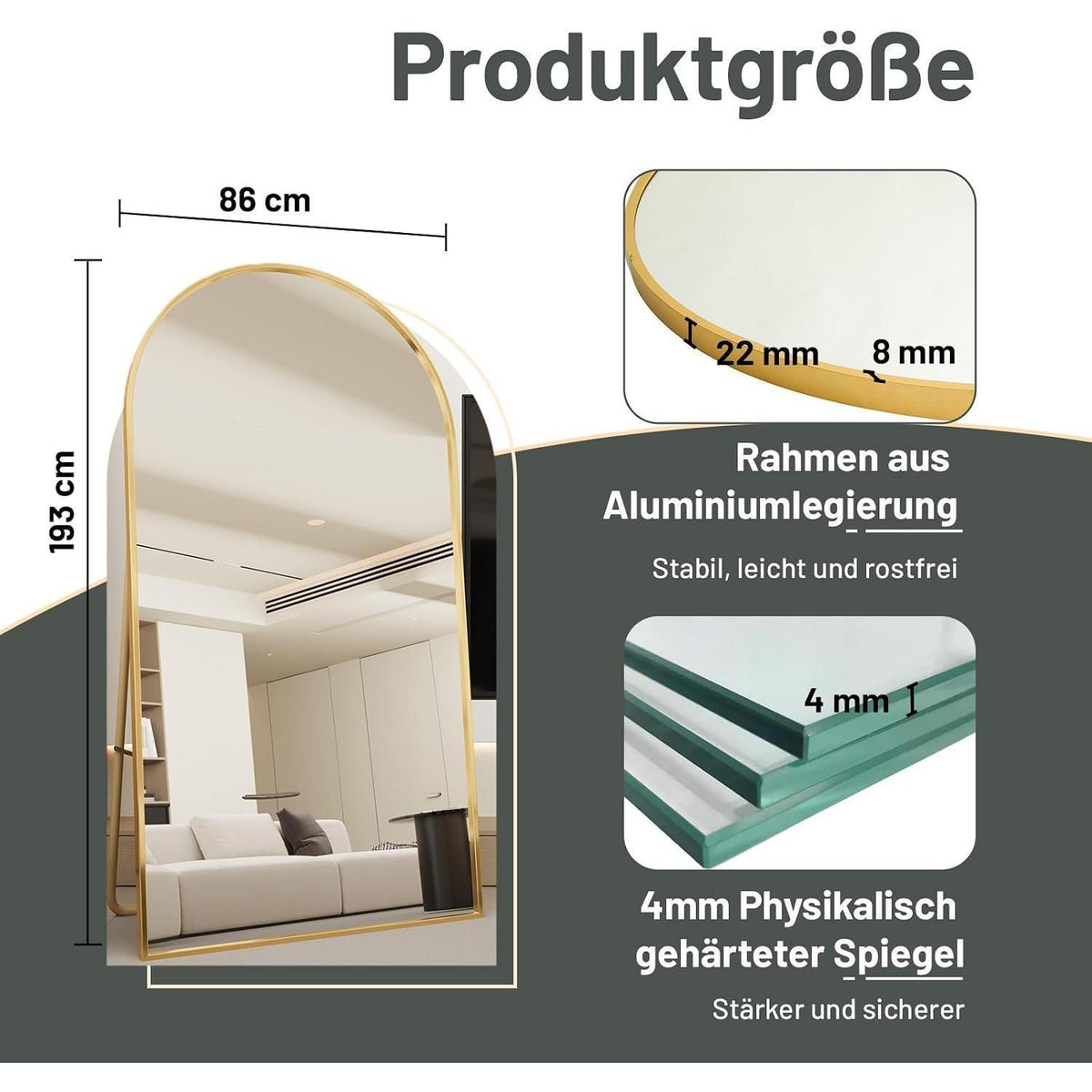 Ganzkörperspiegel Bogenförmig Gold | 193x86cm, Stehend & Wandmontage