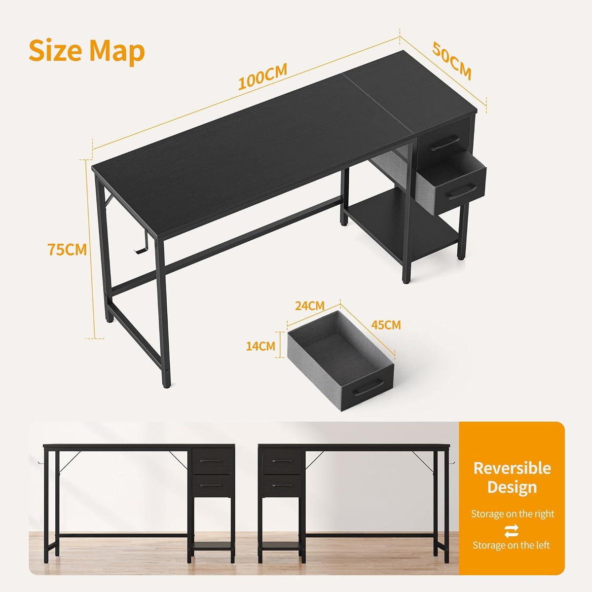 Schreibtisch mit Schubladen, Stahlgestell, Industrie-Design