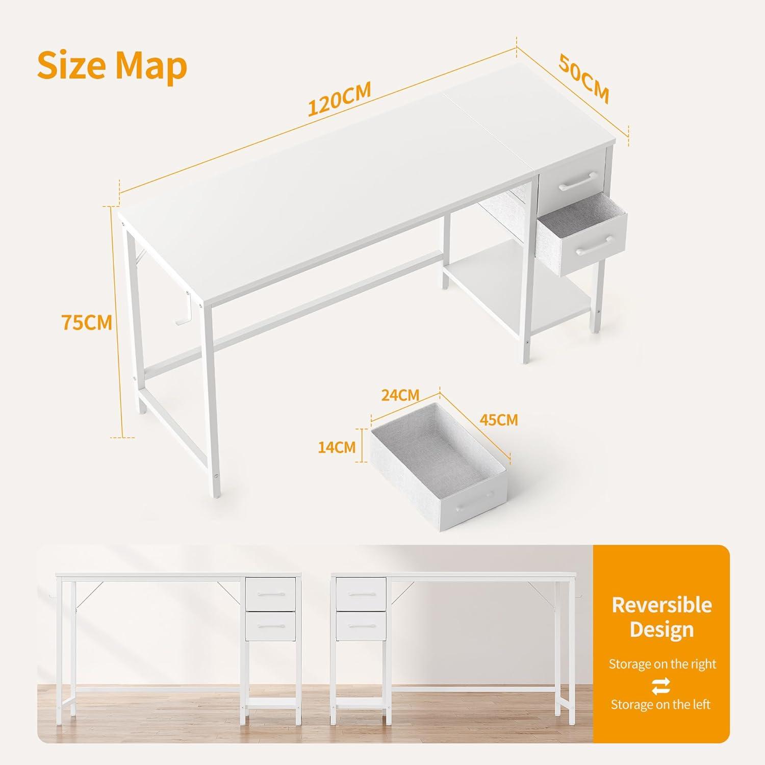 Schreibtisch Weiß mit 2 Schubladen, Computertisch 120×50cm
