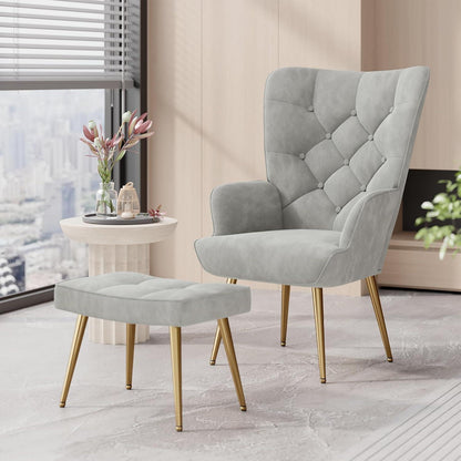 Sessel mit Hocker, grau, Bouclé, Metallbeine
