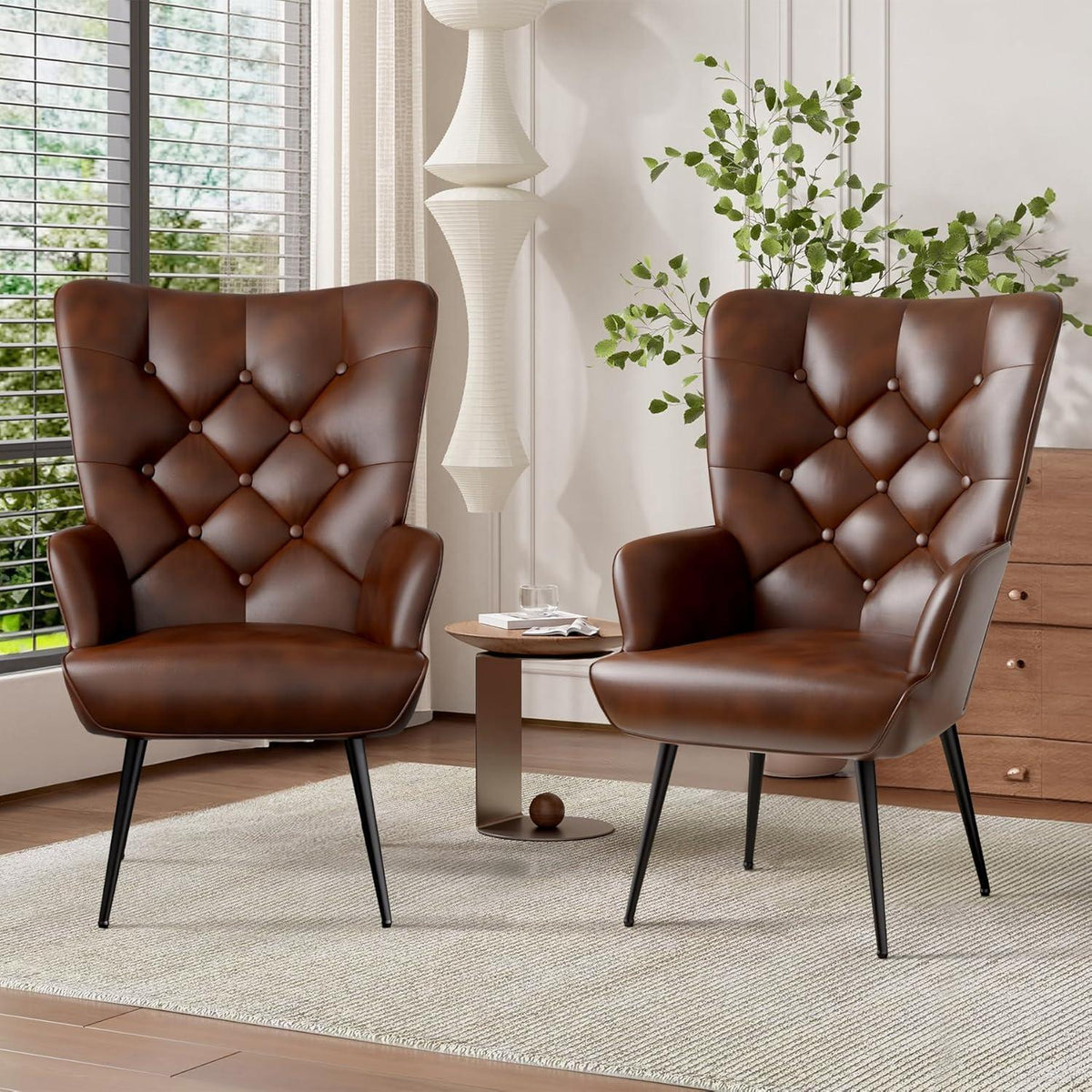 2er-Set Eleganter Ohrensessel mit Metallbeinen, Braun